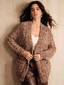 Anewsta V-Neck Loose Knit Mid-Length Cardigan, Coffee Color - Camel - View 1