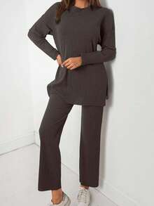EURMUSE 2pcs Women Solid Color Round Neck Drop Shoulder Split Hem Long Sleeve Ribbed Top And Pants Set - Chocolate Brown - View 5