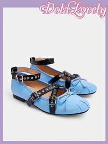 Dola Lovely 女士缎面蓝色交叉金属扣芭蕾平底鞋，优雅甜美大码女士春季鞋 - 藍色 - 查看 7