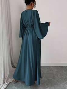 Elenzga 女士优雅简约高端休闲连衣裙，适合办公室、通勤、海滩、音乐节、下午茶、德比、帆船赛，纯色圆领二合一腰部荷叶边褶皱蝙蝠袖 A 字长裙，春夏 - 水鴨藍 - 查看 2