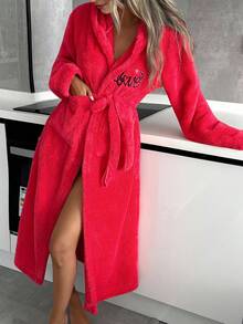EURMUSE PLUS Women Embroidery Detail Hooded Belted Long Robe - Pink - View 4
