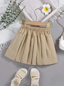 SHEIN 1pc Baby Girl Pleated Skirt, Children Woven Comfortable Skirt With Bow Waistband And Button Design, Adding Fashionable And Sweet Style, Elastic Waist And Loose Fit, Suitable For Autumn Occasions Like Vacation And Daily Wear - Khaki - View 2