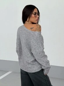 StreetHx New Autumn/Winter V-Neck Loose Casual Street Fashion Urban Pullover Sweater, Gray Twist Knit - Grey - View 2