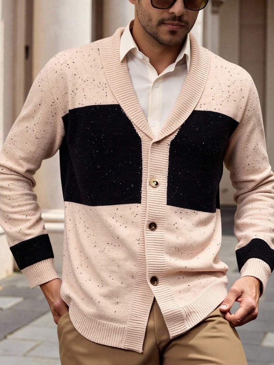 Manfinity Homme Men's Casual Commuter Colorblock Cardigan Apricot Men Cardigan Color Block Cardigan - Multicolor - View 1