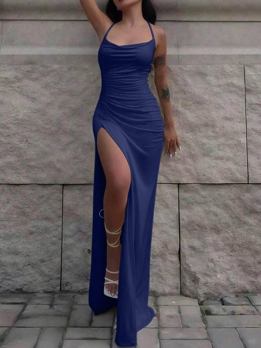 INAWLY Fitted Sexy Plunging Neck Ruched Slit Criss-Cross Strap Dress - Royal Blue - View 1