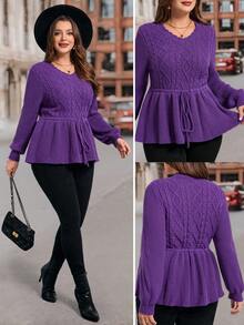 SHEIN Clasi Áo len chui đầu cỡ lớn, Áo len chui đầu thanh lịch cho mùa thu/đông, Áo len chui đầu bó eo, Áo len chui đầu tay dài, Áo len chui đầu cổ chữ V, Áo len màu tím, Áo len cỡ lớn, Áo len dệt kim cáp, Quần áo mùa thu - Màu tím - Xem 2