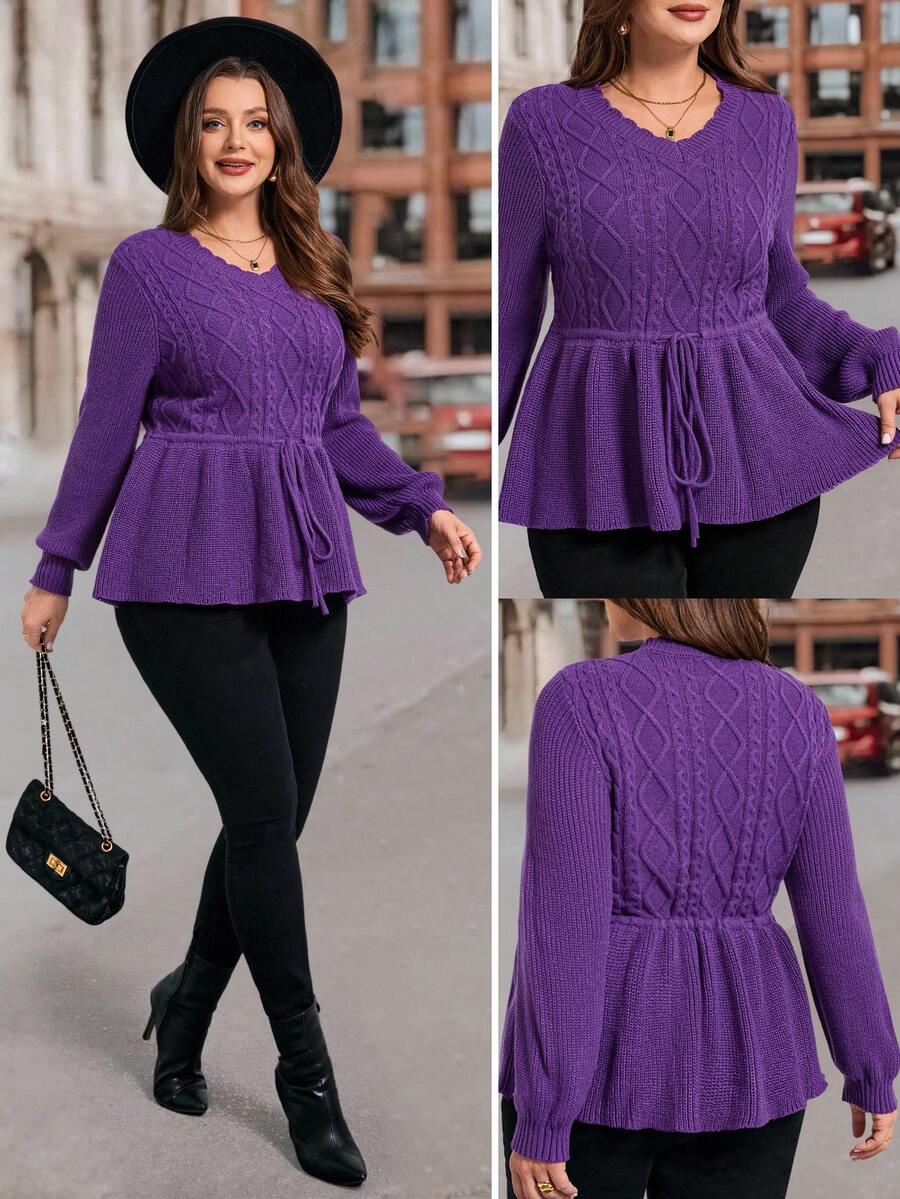 SHEIN Clasi Áo len chui đầu cỡ lớn, Áo len chui đầu thanh lịch cho mùa thu/đông, Áo len chui đầu bó eo, Áo len chui đầu tay dài, Áo len chui đầu cổ chữ V, Áo len màu tím, Áo len cỡ lớn, Áo len dệt kim cáp, Quần áo mùa thu