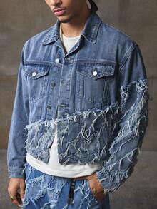 AXEPEAK 男士浅色时尚长袖牛仔夹克，秋季 - 藍色 - 查看 5