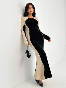 Chiquease Abito maglione elegante e sottile a maniche lunghe con cuciture a contrasto nero e albicocca, stile blogger europei e americani, con lustrini, adatto per l'autunno, per uscire, per l'ufficio e per il tempo libero - Multicolore - Visualizzare 6