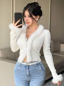 DAZY 女式流苏拼接V领开衫，秋季 - 米色 - 查看 6