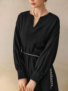 INAWLY Women's Solid Color V-Neck Batwing Sleeve Elegant Mid-Length Dress - Black - View 7