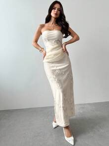 Firerie 优雅刺绣网眼高腰连衣裙，配长腰带，浪漫端庄，适合派对、约会、日常穿着，杏色 - 杏色 - 查看 3