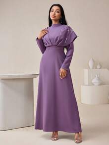 Veilorie Women's Stand Collar Sequin Design Long Sleeve Pleated Elegant Arabic Dress - Purple - View 5