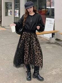 DAZY Váy dài vừa cổ tròn in họa tiết da báo, lưới vá, giản dị dành cho nữ, mùa thu - màu đen - Xem 3