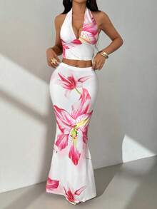 SHEIN PETITE Women's Holiday Halter Top And Skirt Printed Two Pieces Set - White - View 5