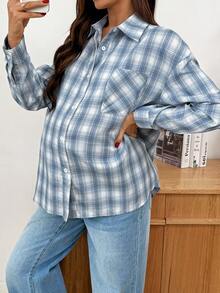 SHEIN Camisa casual maternidade xadrez com ombros caídos, manga comprida, abotoamento simples e bolso