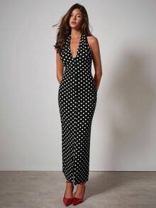 COSMINA Women's Elegant V-Neck Polka Dot Belted Dress, Early Autumn,Date Night Outfits Women,Going Out Outfits,Birthday Dresses For Women,Dress For Wedding Guest,Party Dresses For Women - Black - View 1