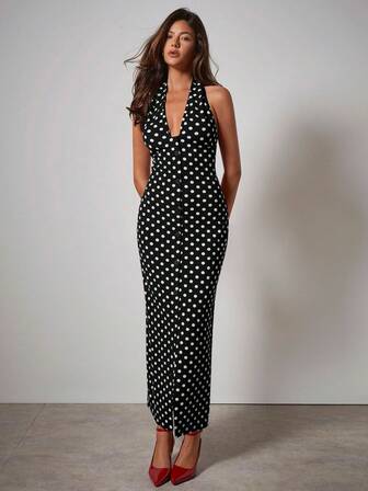 COSMINA Women's Elegant V-Neck Polka Dot Belted Dress, Early Autumn,Date Night Outfits Women,Going Out Outfits,Birthday Dresses For Women,Dress For Wedding Guest,Party Dresses For Women