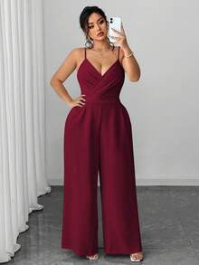 Elenzga Bộ áo khoác blazer công sở tối giản thanh lịch cỡ lớn dành cho nữ và bộ jumpsuit ống rộng không tay thắt eo, màu đỏ tía - Màu Đỏ Sâu - Xem 5