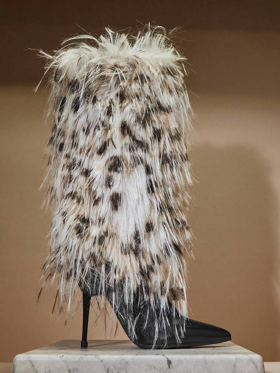 SHUZIA 女士时尚毛茸茸尖头细高跟冬季保暖舒适及膝靴 - 米色 - 查看 1