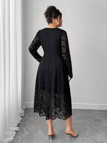 Elenzga Vestido midi elegante de encaje de unicolor talla grande, adecuado para ir al trabajo - Negro - Ver 2