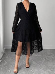 Elenzga Vestido midi elegante de encaje de unicolor talla grande, adecuado para ir al trabajo - Negro - Ver 4