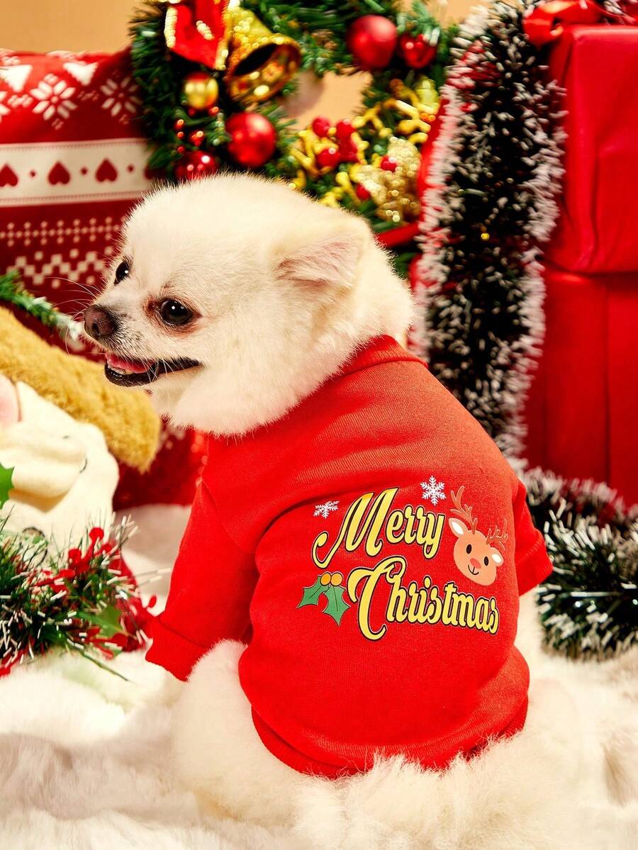 PETSIN 1pc Pet Christmas Style Thick Red Sweatshirt, Christmas Gift - Red - View 1
