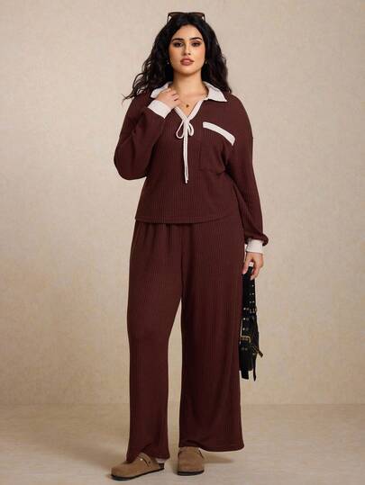 Elaquor Plus Size Contrast Color Tie Cuff Long Sleeve Top And Solid Color Pants 2 Pieces Set