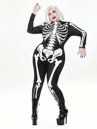 ROMWE Avant Combinaison gothique squelette avec manches longues et pantalon, grande taille, pour la fête d'Halloween