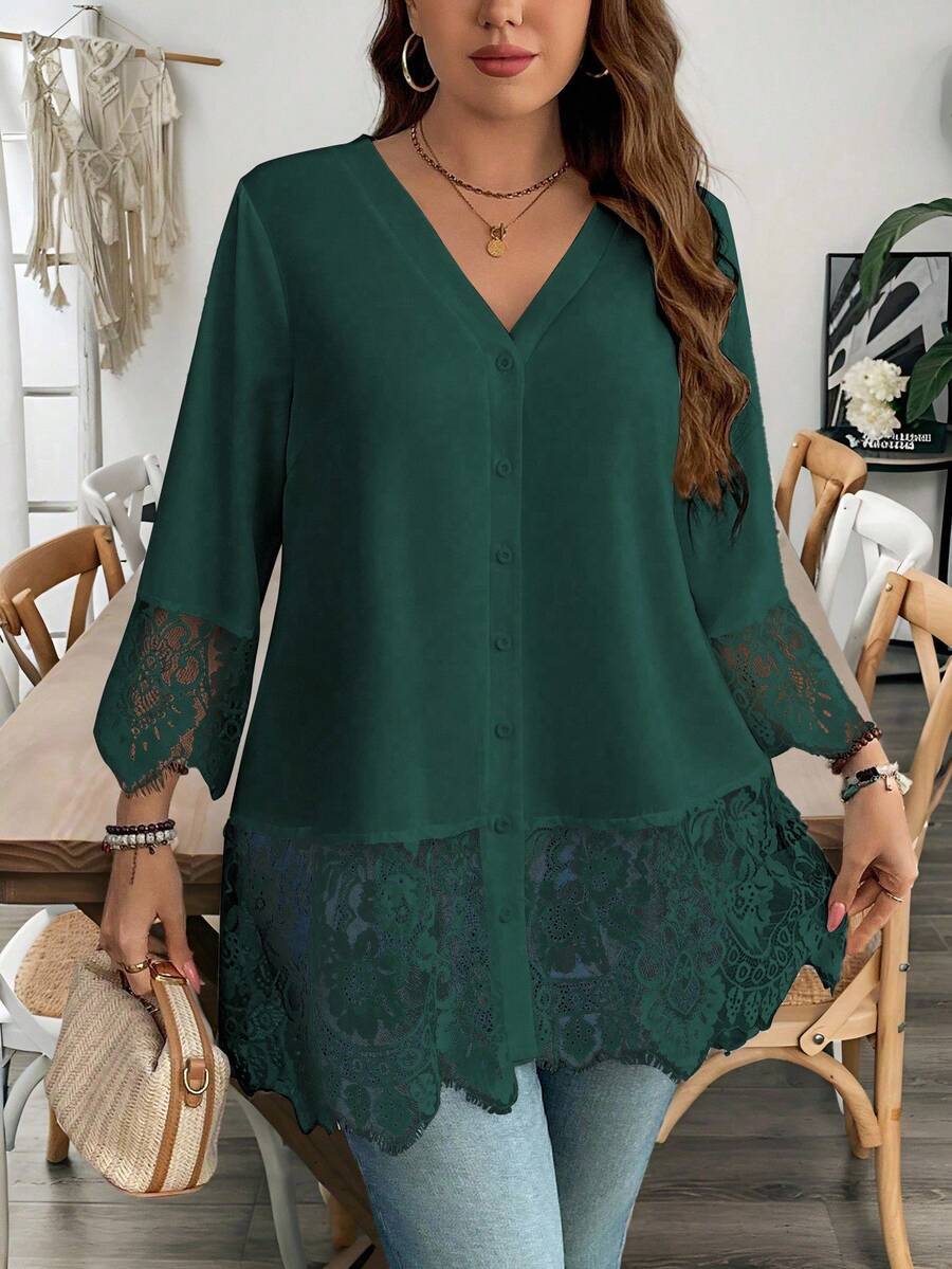 EMERY ROSE 大码女式V领纯色蕾丝拼布休闲衬衫 - 墨綠色 - 查看 1