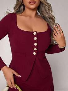 Xyvia 2pcs Women Set: Solid Color Button Front Top And Pleated Skirt Fall Cloth For Women - Burgundy - View 3