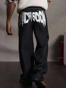 PAVTROS Quần jeans ống rộng dáng rộng cho nam, họa tiết chữ đường phố, xanh đậm, phù hợp cho mọi mùa - Rửa tối - Xem 4