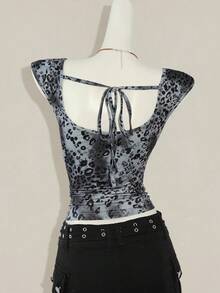 SHEIN ICON Áo thun bó sát họa tiết da báo và ren tương phản Y2K dành cho nữ - Xám - Xem 2