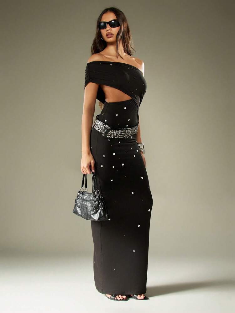 MISSGUIDED Off Shoulder Evening Gown Studded Bardot Cut Out Waist Long Dress Crystal Embellished Occasion Wear Floor Length Maxi Party Wedding Guest Formal Glamorous