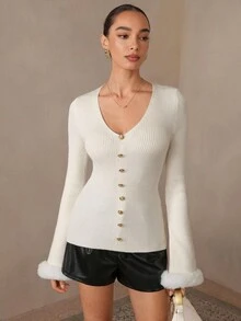Modelyn Damen V-Ausschnitt Dekorativer Knopf Flauschiger Bund Figurbetonter Pullover, geeignet für Arbeit und Pendeln