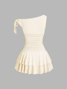 Sweetra Women's Solid Color Metal Flower Decor Ruffle Hem Fashionable Dress - Apricot - View 2
