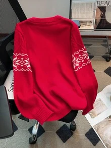 EMERY ROSE 秋季大码女式几何图案长袖单排扣针织开衫 - 紅色 - 查看 2