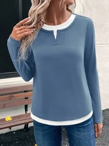 EMERY ROSE 女士撞色二合一长袖T恤 - 藍色 - 查看 3