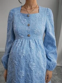 SHEIN 孕妇圆领提花面料纽扣前长袖连衣裙，春秋 - 藍色 - 查看 3