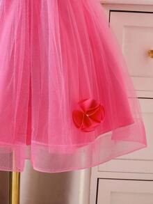 Glamorique Kids 幼儿花童礼服，缎面紫红色连衣裙，带网眼花卉串珠无袖公主礼服 - 玫紅色 - 查看 6
