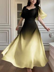 Modelyn 女式黑色和粉色渐变色蝙蝠印花褶饰短袖甜美法式夏装 - 黃色 - 查看 5