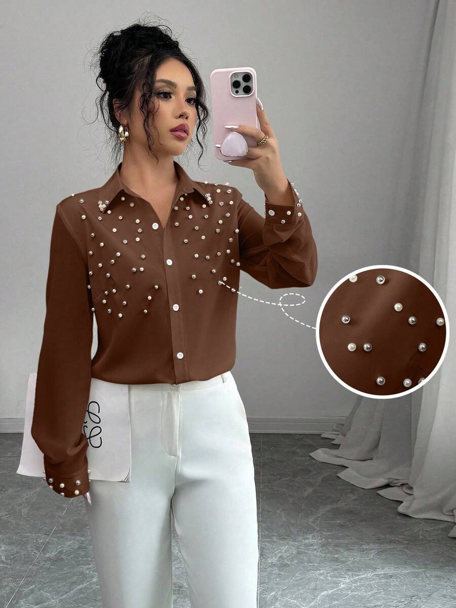 Elenzga Áo dài tay đính ngọc trai màu mơ cho nữ - Cà phê nâu - Xem 1