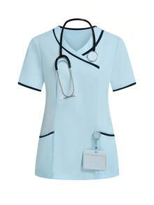 TaskEZ 女式 V 领口袋休闲短袖/护理手术服上衣，女士工作服，女士加大服装，两件套手术服，手术服套装，健身套装，女士手术服套装，护士手术服套装，女士职业装，女士套装 - 藍白色 - 查看 3