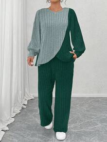 EMERY ROSE 加大码圆领长袖柔软针织条纹拼色不对称拼接上衣和柔软针织条纹直筒裤休闲家居服两件套 - 彩色 - 查看 4