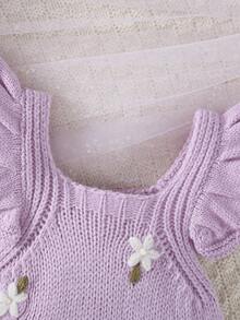 SHEIN 女婴花卉刺绣针织连体衣，优雅百搭，适合日常穿着、居家、户外和旅行 - 紫色 - 查看 5