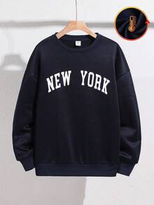 SHEIN Moletom feminino adolescente casual com estampa de slogan em letras, gola redonda, manga longa, cor sólida, peça básica e versátil, ideal para ir ao trabalho, escola, uso diário, viagens, festas ao ar livre, esportes e outono/inverno. Moletom de Nova York para jovens. - Azul marinho - Ver 7