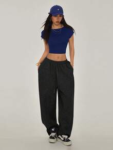 SHEIN PETITE 休闲纯色百搭小号黑色露背T恤，适合夏季 - 藏蓝色 - 查看 3