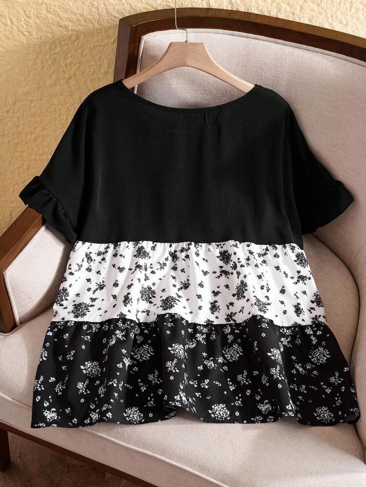 Chemise décontractée de vacances grande taille avec blocs de couleurs et imprimé floral mélangé, style décontracté de vacances, mode d'été, femme d'été, fête des mères, concert country, bohème femme, western femme, vacances femme, été femme, affaires décontractées d'été femme grande taille, formel femme grande taille, fleur/printemps