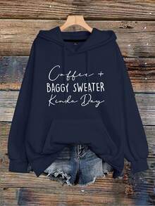 EMERY ROSE Plus Size Women's Letter Printed Drawstring Sweatshirt Pullover Fall Winter Autumn - Navy Blue - View 1
