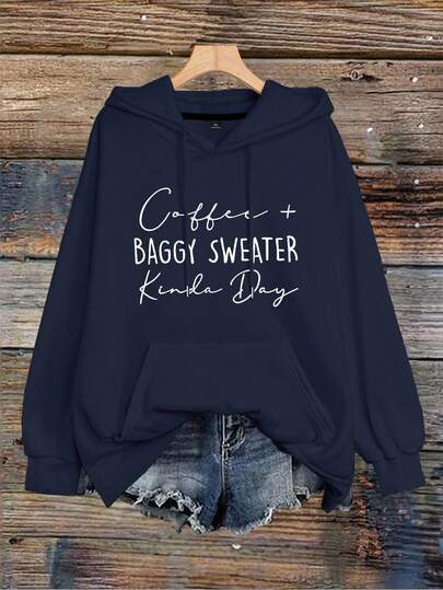 EMERY ROSE Plus Size Women's Letter Printed Drawstring Hoodie Pullover Fall Winter Autumn